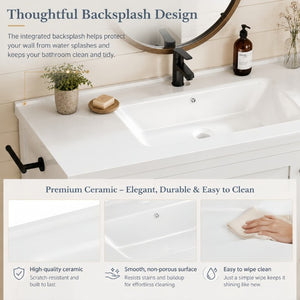English Elm 48 Inch Farmhouse Bathroom Vanity Pine Wood Ceramic Sink Top Seven Soft-Close Drawers White W5271S00011