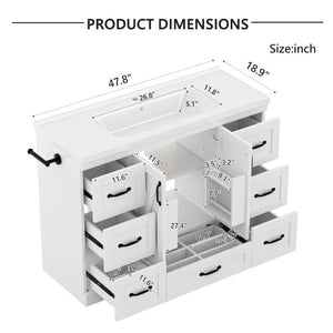 English Elm 48 Inch Farmhouse Bathroom Vanity Pine Wood Ceramic Sink Top Seven Soft-Close Drawers White W5271S00011