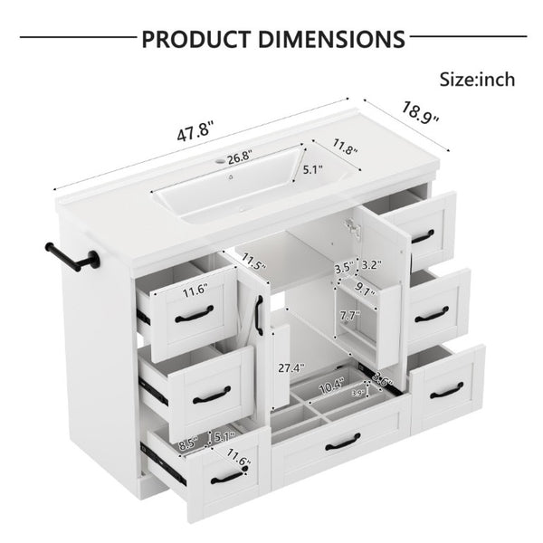 English Elm 48 Inch Farmhouse Bathroom Vanity Pine Wood Ceramic Sink Top Seven Soft-Close Drawers White W5271S00011