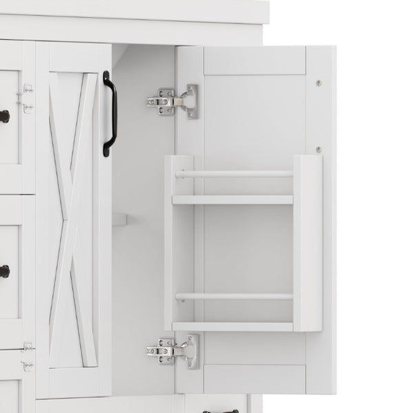 English Elm 48 Inch Farmhouse Bathroom Vanity Pine Wood Ceramic Sink Top Seven Soft-Close Drawers White W5271S00011
