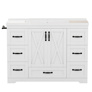 English Elm 48 Inch Farmhouse Bathroom Vanity Pine Wood Ceramic Sink Top Seven Soft-Close Drawers White W5271S00011