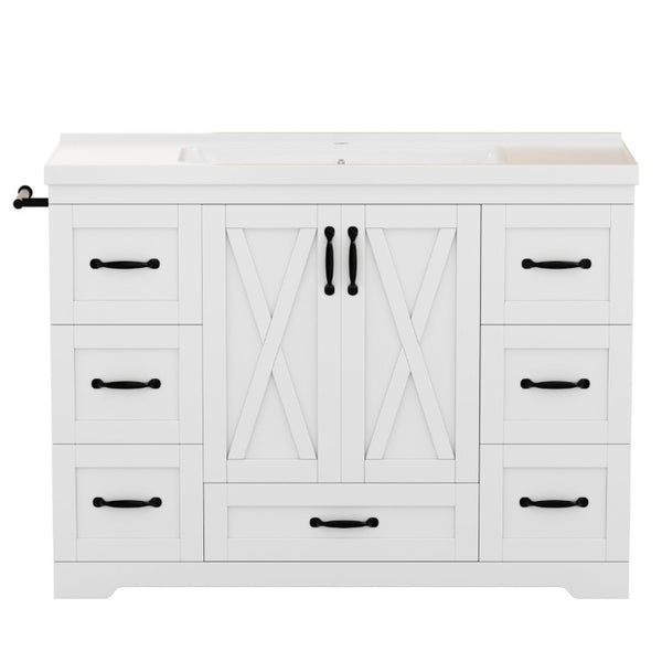 English Elm 48 Inch Farmhouse Bathroom Vanity Pine Wood Ceramic Sink Top Seven Soft-Close Drawers White W5271S00011