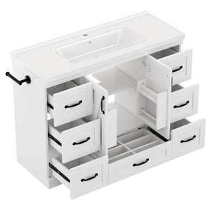 English Elm 48 Inch Farmhouse Bathroom Vanity Pine Wood Ceramic Sink Top Seven Soft-Close Drawers White W5271S00011