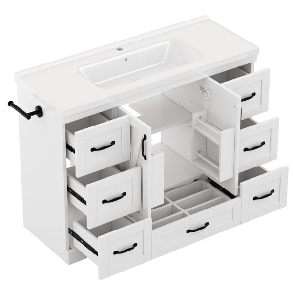 English Elm 48 Inch Farmhouse Bathroom Vanity Pine Wood Ceramic Sink Top Seven Soft-Close Drawers White W5271S00011