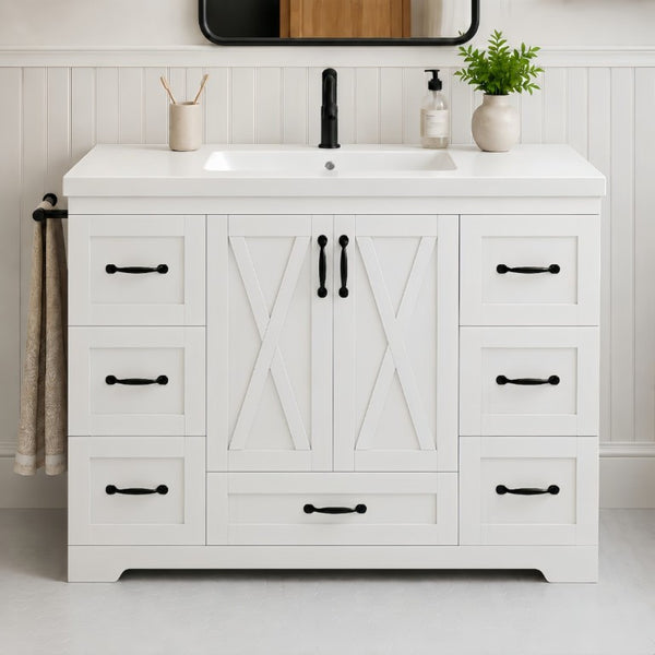English Elm 48 Inch Farmhouse Bathroom Vanity Pine Wood Ceramic Sink Top Seven Soft-Close Drawers White W5271S00011