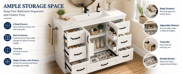 English Elm 48 Inch Farmhouse Bathroom Vanity Pine Wood Ceramic Sink Top Seven Soft-Close Drawers White W5271S00011