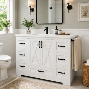 English Elm 48 Inch Farmhouse Bathroom Vanity Pine Wood Ceramic Sink Top Seven Soft-Close Drawers White W5271S00011