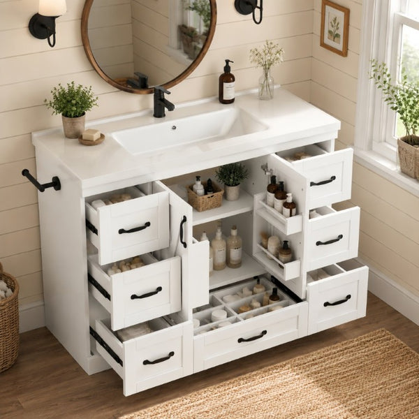 English Elm 48 Inch Farmhouse Bathroom Vanity Pine Wood Ceramic Sink Top Seven Soft-Close Drawers White W5271S00011