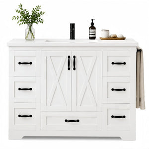 English Elm 48 Inch Farmhouse Bathroom Vanity Pine Wood Ceramic Sink Top Seven Soft-Close Drawers White W5271S00011