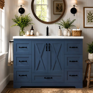 English Elm 48 Inch Farmhouse Bathroom Vanity Pine Wood Ceramic Sink Top Seven Soft-Close Drawers Navy Blue W5271S00012