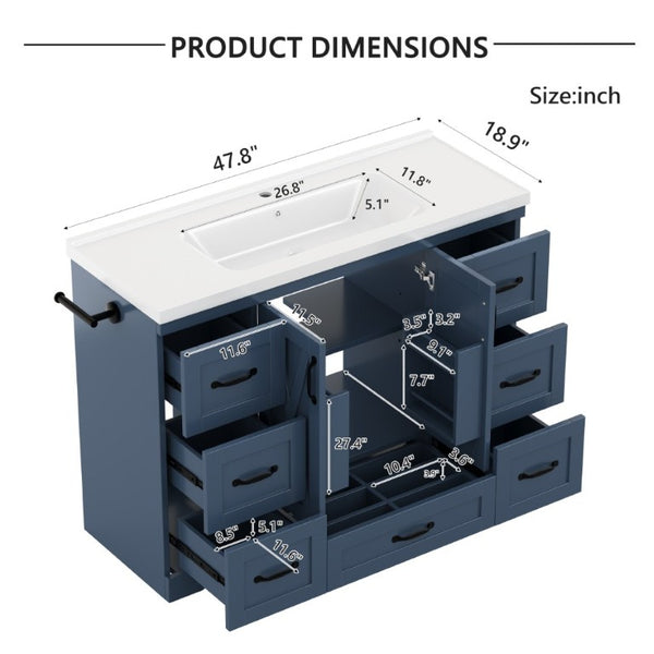English Elm 48 Inch Farmhouse Bathroom Vanity Pine Wood Ceramic Sink Top Seven Soft-Close Drawers Navy Blue W5271S00012