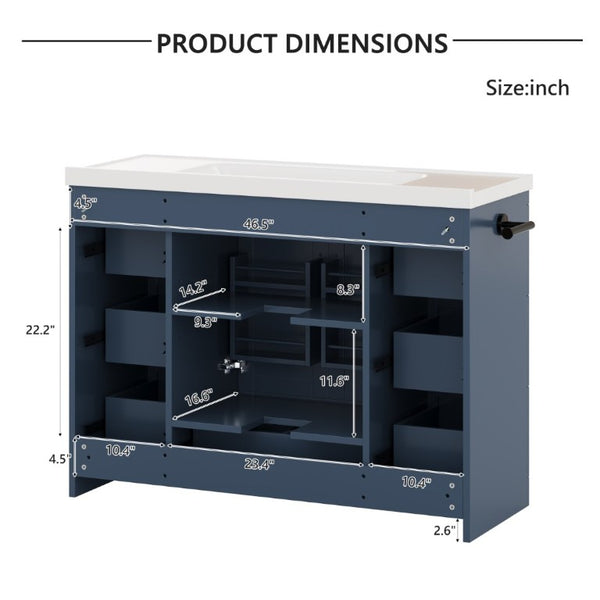 English Elm 48 Inch Farmhouse Bathroom Vanity Pine Wood Ceramic Sink Top Seven Soft-Close Drawers Navy Blue W5271S00012