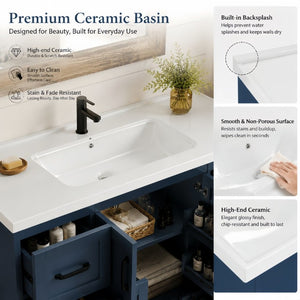 English Elm 48 Inch Farmhouse Bathroom Vanity Pine Wood Ceramic Sink Top Seven Soft-Close Drawers Navy Blue W5271S00012