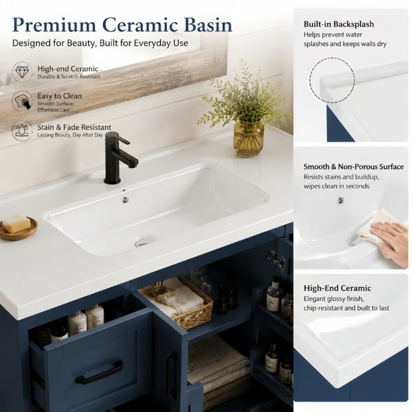English Elm 48 Inch Farmhouse Bathroom Vanity Pine Wood Ceramic Sink Top Seven Soft-Close Drawers Navy Blue W5271S00012
