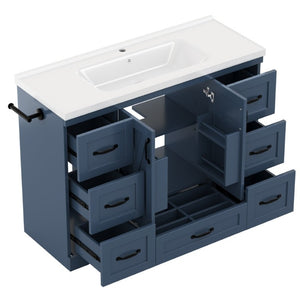 English Elm 48 Inch Farmhouse Bathroom Vanity Pine Wood Ceramic Sink Top Seven Soft-Close Drawers Navy Blue W5271S00012