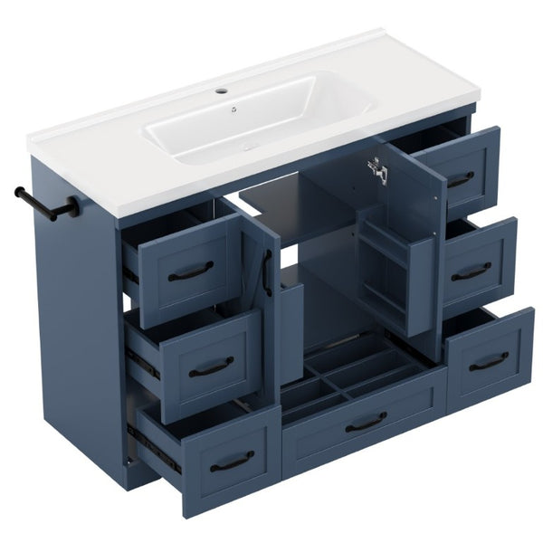 English Elm 48 Inch Farmhouse Bathroom Vanity Pine Wood Ceramic Sink Top Seven Soft-Close Drawers Navy Blue W5271S00012