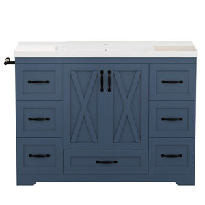 English Elm 48 Inch Farmhouse Bathroom Vanity Pine Wood Ceramic Sink Top Seven Soft-Close Drawers Navy Blue W5271S00012