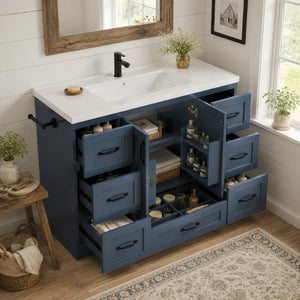 English Elm 48 Inch Farmhouse Bathroom Vanity Pine Wood Ceramic Sink Top Seven Soft-Close Drawers Navy Blue W5271S00012