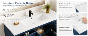 English Elm 48 Inch Farmhouse Bathroom Vanity Pine Wood Ceramic Sink Top Seven Soft-Close Drawers Navy Blue W5271S00012