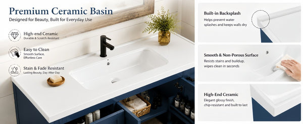 English Elm 48 Inch Farmhouse Bathroom Vanity Pine Wood Ceramic Sink Top Seven Soft-Close Drawers Navy Blue W5271S00012
