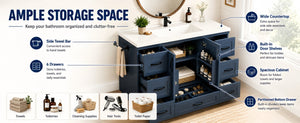 English Elm 48 Inch Farmhouse Bathroom Vanity Pine Wood Ceramic Sink Top Seven Soft-Close Drawers Navy Blue W5271S00012