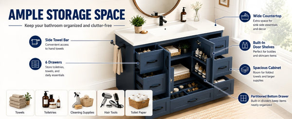 English Elm 48 Inch Farmhouse Bathroom Vanity Pine Wood Ceramic Sink Top Seven Soft-Close Drawers Navy Blue W5271S00012