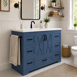 English Elm 48 Inch Farmhouse Bathroom Vanity Pine Wood Ceramic Sink Top Seven Soft-Close Drawers Navy Blue W5271S00012