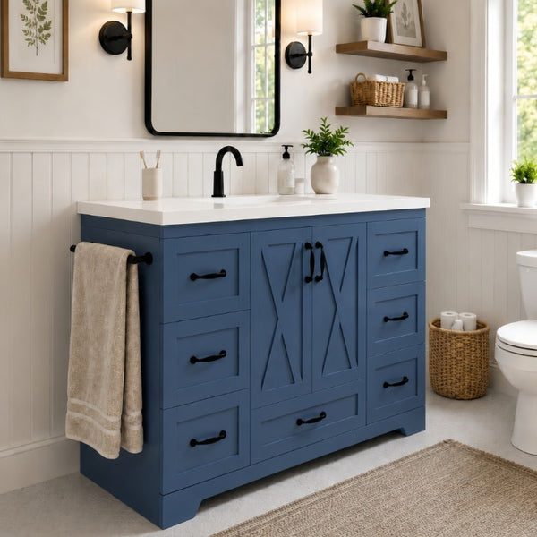 English Elm 48 Inch Farmhouse Bathroom Vanity Pine Wood Ceramic Sink Top Seven Soft-Close Drawers Navy Blue W5271S00012