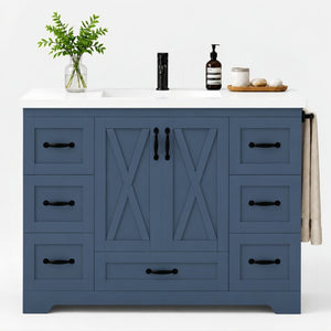 English Elm 48 Inch Farmhouse Bathroom Vanity Pine Wood Ceramic Sink Top Seven Soft-Close Drawers Navy Blue W5271S00012