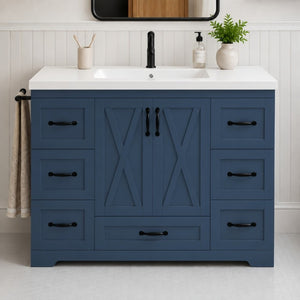 English Elm 48 Inch Farmhouse Bathroom Vanity Pine Wood Ceramic Sink Top Seven Soft-Close Drawers Navy Blue W5271S00012