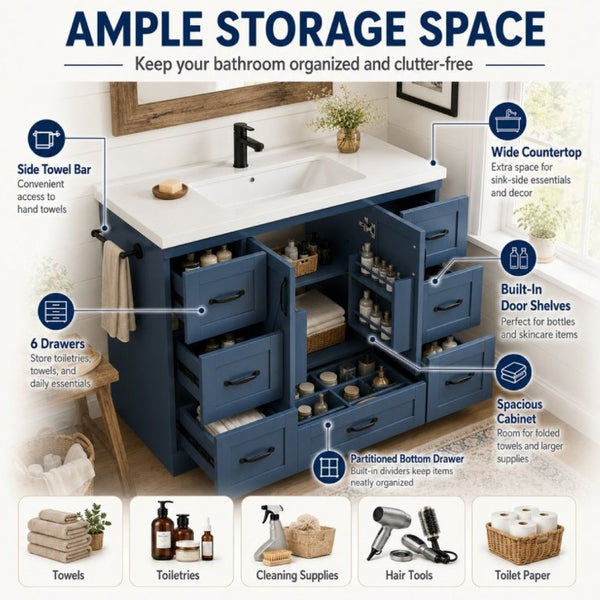 English Elm 48 Inch Farmhouse Bathroom Vanity Pine Wood Ceramic Sink Top Seven Soft-Close Drawers Navy Blue W5271S00012