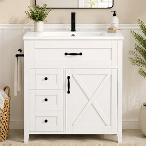 English Elm 30 Inch Farmhouse Bathroom Vanity Pine Cabinet with Ceramic Sink and Soft Close Drawers W5271S00013