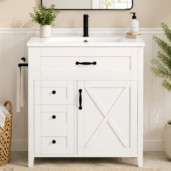 English Elm 30 Inch Farmhouse Bathroom Vanity Pine Cabinet with Ceramic Sink and Soft Close Drawers W5271S00013
