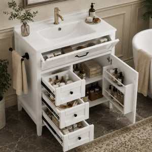 English Elm 30 Inch Farmhouse Bathroom Vanity Pine Cabinet with Ceramic Sink and Soft Close Drawers W5271S00013