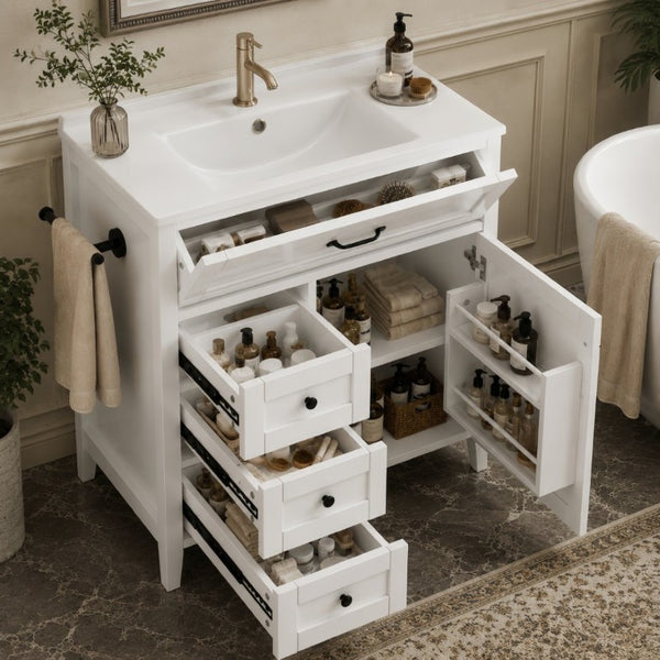English Elm 30 Inch Farmhouse Bathroom Vanity Pine Cabinet with Ceramic Sink and Soft Close Drawers W5271S00013