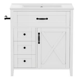 English Elm 30 Inch Farmhouse Bathroom Vanity Pine Cabinet with Ceramic Sink and Soft Close Drawers W5271S00013