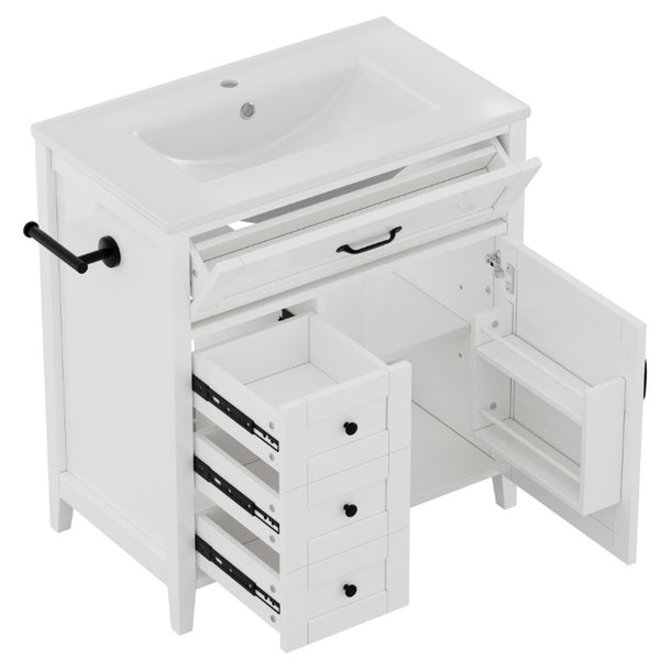 English Elm 30 Inch Farmhouse Bathroom Vanity Pine Cabinet with Ceramic Sink and Soft Close Drawers W5271S00013