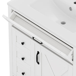 English Elm 30 Inch Farmhouse Bathroom Vanity Pine Cabinet with Ceramic Sink and Soft Close Drawers W5271S00013