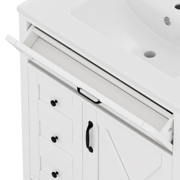 English Elm 30 Inch Farmhouse Bathroom Vanity Pine Cabinet with Ceramic Sink and Soft Close Drawers W5271S00013