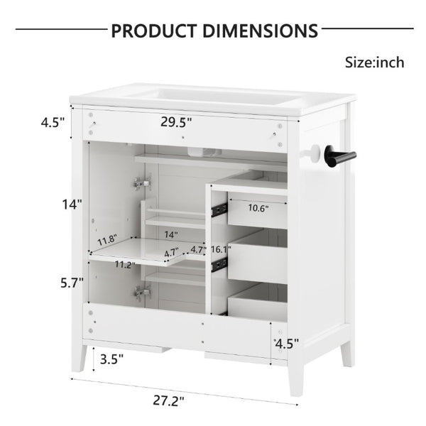 English Elm 30 Inch Farmhouse Bathroom Vanity Pine Cabinet with Ceramic Sink and Soft Close Drawers W5271S00013