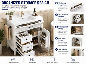English Elm 30 Inch Farmhouse Bathroom Vanity Pine Cabinet with Ceramic Sink and Soft Close Drawers W5271S00013