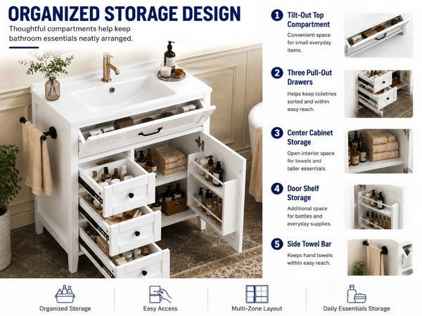 English Elm 30 Inch Farmhouse Bathroom Vanity Pine Cabinet with Ceramic Sink and Soft Close Drawers W5271S00013