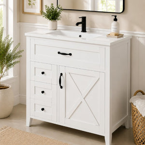 English Elm 30 Inch Farmhouse Bathroom Vanity Pine Cabinet with Ceramic Sink and Soft Close Drawers W5271S00013