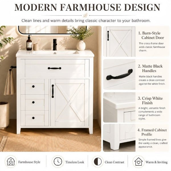 English Elm 30 Inch Farmhouse Bathroom Vanity Pine Cabinet with Ceramic Sink and Soft Close Drawers W5271S00013