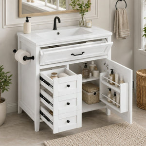 English Elm 30 Inch Farmhouse Bathroom Vanity Pine Cabinet with Ceramic Sink and Soft Close Drawers W5271S00013
