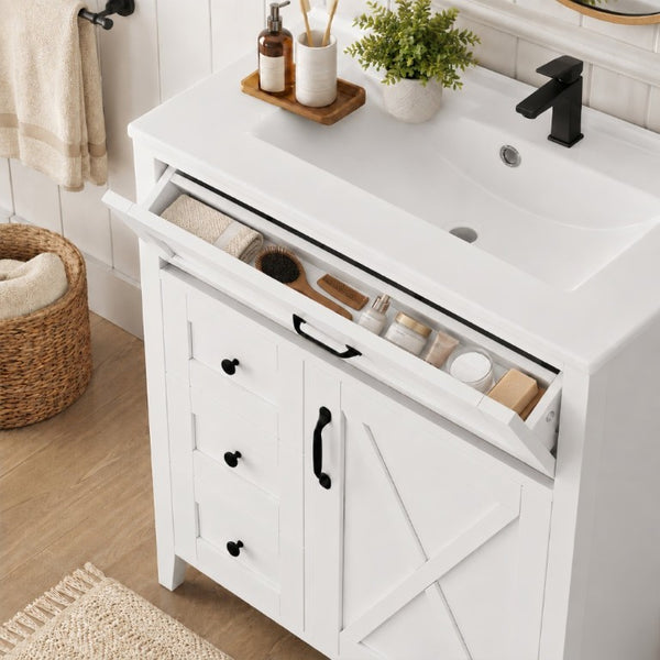 English Elm 30 Inch Farmhouse Bathroom Vanity Pine Cabinet with Ceramic Sink and Soft Close Drawers W5271S00013