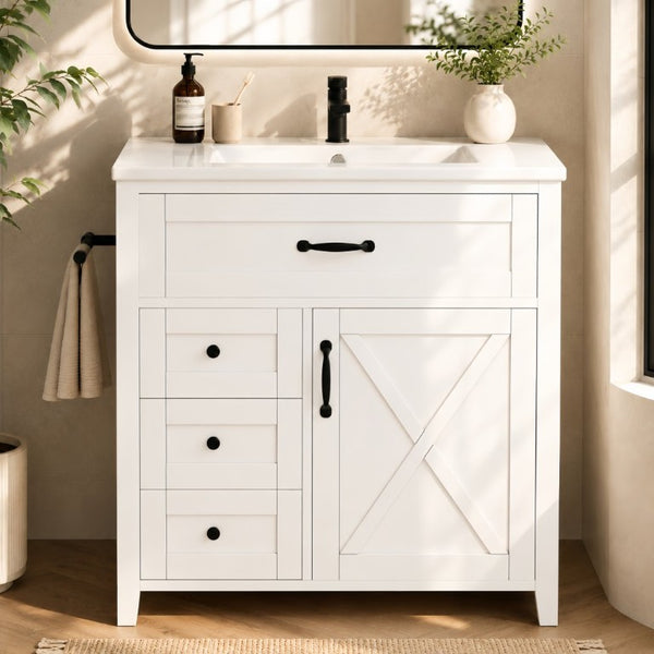 English Elm 30 Inch Farmhouse Bathroom Vanity Pine Cabinet with Ceramic Sink and Soft Close Drawers W5271S00013