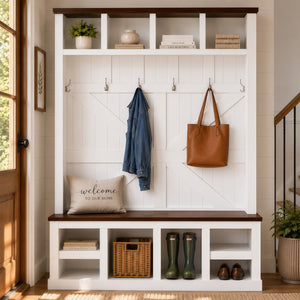 English Elm Farmhouse Hall Tree with Bench Cubbies and Hooks for Mudroom Entryway Storage W5271S00014