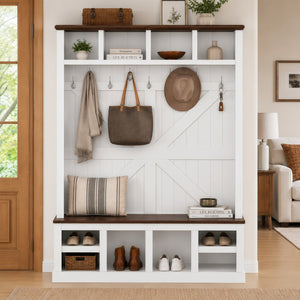 English Elm Farmhouse Hall Tree with Bench Cubbies and Hooks for Mudroom Entryway Storage W5271S00014