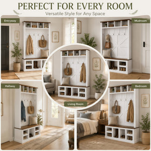 English Elm Farmhouse Hall Tree with Bench Cubbies and Hooks for Mudroom Entryway Storage W5271S00014
